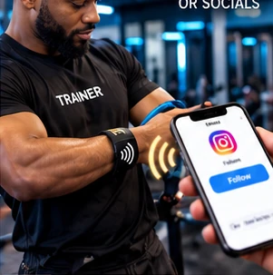 Illustrative fitness trainer sharing a profile through an NFC wristband