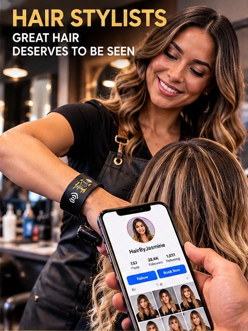 Supplied concept image of a hairstylist sharing a profile through an NFC wristband