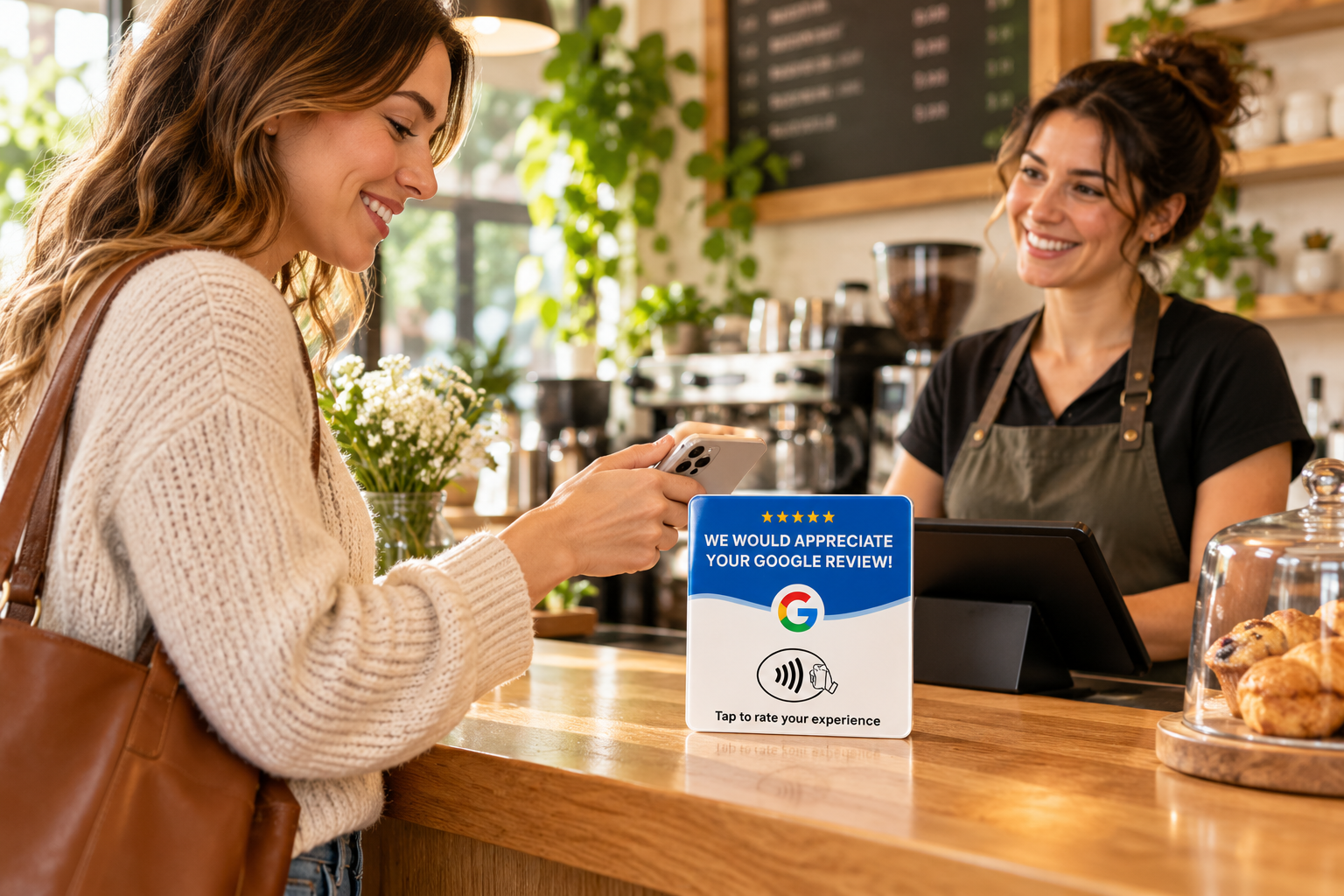 Illustrative café scene: a customer holds a phone near the blue and white Google review display on the counter while the barista smiles.